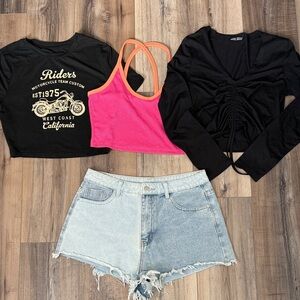 Women's Pink Contrast-Trim Crop Tank Top black long jean shorts motorcycle